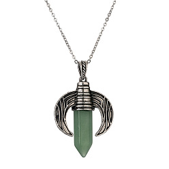 CN000513 Green Dongling Stainless Steel Chain Retro Tiger Eye Agate Pendant Necklace with Moon Shape Hexagonal Prism, Fashionable and Versatile Unisex Jewelry