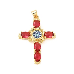 Crimson Rack Plating Brass Pendants, with Glass Cubic Zirconia, Resin Eye, Religion Cross Charm, Cadmium Free & Lead Free, Long-Lasting Plated, Real 18K Gold Plated, Crimson, 38x27x5mm, Hole: 5x3mm