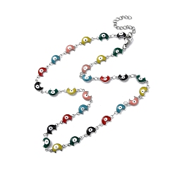 Colorful Moon with Evil Eye Enamel Link Chain Necklace, 304 Stainless Steel Necklace, Colorful, 17.83 inch(45.3cm)