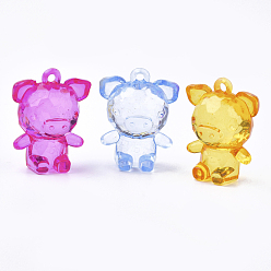 Mixed Color Transparent Acrylic Pendants, Faceted, Cartoon Piggy Charms, Mixed Color, 41.5x32x23mm, Hole: 3mm, about 45pcs/500g