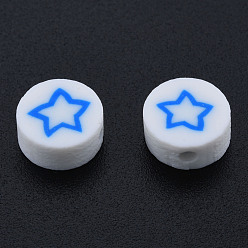 Dodger Blue Handmade Polymer Clay Beads, Flat Round with Star, Dodger Blue, 9~9.5x4~5mm, Hole: 1.6mm