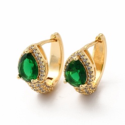 Real 18K Gold Plated Green Cubic Zirconia Teardrop Hoop Earrings, Rack Plating Brass Jewelry for Women, Cadmium Free & Lead Free, Real 18K Gold Plated, 15.5x9x18mm, Pin: 1mm