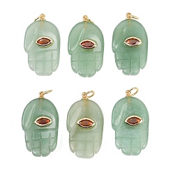 Зеленый Авантюрин Естественный зеленый авантюрин подвески, Религиозные подвески в виде руки Хамса с фурнитурой из микрофибры и латунных элементов., реальный 18 k позолоченный, долговечный, стойки покрытие, без кадмия и без свинца, 27x15x6 мм, Перейти кольцо: 5x1 мм, внутренний диаметр: 3 мм