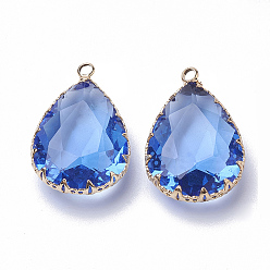 Royal Blue K9 Glass Pendants, with Golden Tone Brass Findings, Faceted, Drop, Royal Blue, 29~30x19x6~8.5mm, Hole: 2mm