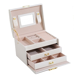 White 3-Layer Imitation Leather Jewelry Drawer Organizer Box with Handle and Mirror Inside, for Necklaces, Rings, Earrings and Pendants, Rectangle, White, 18x14x13cm