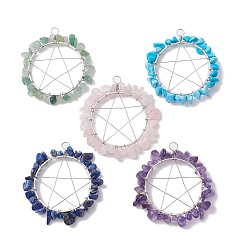 Platinum Mixed Gemstone Chips Copper Wire Wrapped Pendants, Pentagram Charms, Mixed Dyed and Undyed, Platinum, 48~49x46~48x5~7mm, Hole: 4.5mm