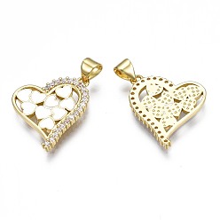 White Brass Micro Pave Clear Cubic Zirconia Pendants, with Enamel and Brass Snap on Bails, Nickel Free, Real 18K Gold Plated, Heart, White, 20x18.5x2mm, Hole: 3.5x5mm