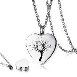 Stainless Steel Color Stainless Steel Pendant Necklaces, Heart with Tree Urn Ashes Necklaces, Stainless Steel Color, 21.65 inch(55cm)