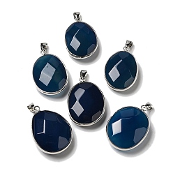 Marine Blue Natural Agate Dyed Pendants, Brass Faceted Oval Charms, Platinum, Marine Blue, 32x23.5x11.5mm, Hole: 7.6x3.8mm