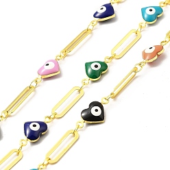 Colorful Handmade Eco-friendly Brass Enamel Heart with Evil Eye Link Chain, Real 18K Gold Plated, Lead Free & Cadmium Free, Soldered, with Spool, Colorful, 14.5x7x4mm