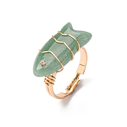 Зеленый Авантюрин Натуральные зеленые авентурные кольца, рыба, с латунной фурнитурой со стразами, золотые, рыбы: 23x12 mm, размер США 7 1/4 (17.5 мм)