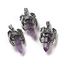 Amethyst Natural Amethyst Pointed Pendants, Faceted Bullet Charms, with Rack Plating Platinum Tone Alloy Dragon Findings, Cadmium Free & Lead Free, 39~41x24~25x13~14mm, Hole: 4x8mm