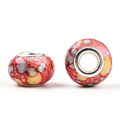 Indian Red Opaque Resin European Beads, Imitation Crystal, Two-Tone Large Hole Beads, with Silver Tone Brass Double Cores, Rondelle, Indian Red, 14x9.5mm, Hole: 5mm