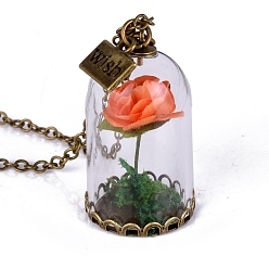 Orange Glass Dried Flower Wishing Bottle Pendant Necklace, with Antique Bronze Alloy Cable Chains, Orange, 23.62 inch(60cm)