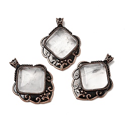 Хрусталь Подвески в форме ромба из натурального кварцевого кристалла, Подвески из горного хрусталя в винтажной латунной рамке красно-медного оттенка., 40~40.5x29~29.5x7.5 мм, отверстие : 5x3.5 мм
