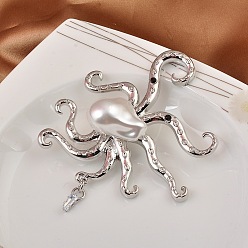 Platinum Baroque Style Octopus Brooch for Women, Alloy Brooches, with Plastic Imitation Pearl, Platinum, 60mm