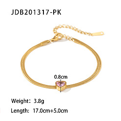 JDB201317-PK Fashion Versatile 18K Gold Plated Stainless Steel Inlaid Green/White/Pink Heart Zircon Snake Chain Bracelet for Women