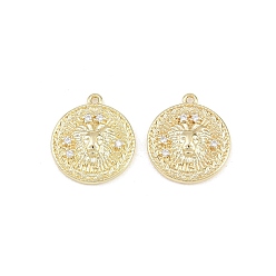 Leo Brass Micro Pave Clear Cubic Zirconia Pendants, Flat Round with Constellation Charms, Rack Plating, Long-Lasting Plated, Cadmium Free & Lead Free, Golden, Leo, 16x14x2~3mm, Hole: 1mm