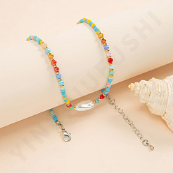 E Blue Pearl Bohemian Colorful Rice Bead Handmade Necklace - Fashionable Seashell Soft Pottery Love Collar Chain.