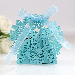 Dark Turquoise Creative Folding Wedding Candy Cardboard Boxes, Small Paper Gift Boxes, Hollow Butterfly with Ribbon, Dark Turquoise, Fold: 6.3x4x4cm