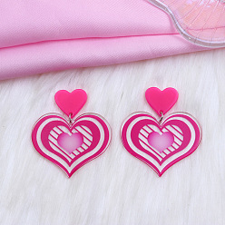 Fuchsia Valentine's Day Heart Acrylic Dangle Stud Earrings, Fuchsia, 51x45mm