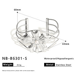 Нержавеющая Сталь Цвет Полые браслеты-манжеты из хирургической нержавеющей стали с имитацией жемчуга для женщин., цветок, цвет нержавеющей стали, внутренний диаметр: 316 дюйм (2.36 см)