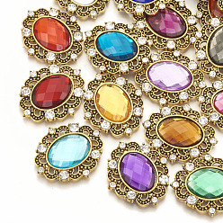 Mixed Color Alloy Acrylic Rhinestone Cabochons, with Rhinestone, Faceted, Oval, Antique Golden, Mixed Color, 31x27x5mm