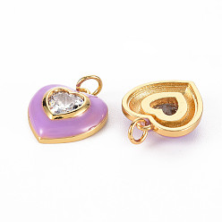 Dark Orchid Brass Enamel Pendants, with Clear Cubic Zirconia and Jump Ring, Nickel Free, Real 16K Gold Plated, Heart, Dark Orchid, 17.5x15.5x4.5mm, Hole: 3.5mm
