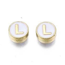 Letter L Alloy Enamel Beads, Cadmium Free & Lead Free, Light Gold, Flat Round with Alphabet, White, Letter.L, 8x4mm, Hole: 1.5mm