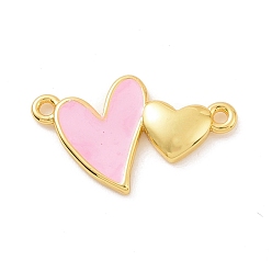 Pearl Pink Eco-friendly Rack Plating Brass Enamel Connector Charms, Cadmium Free & Lead Free, Long-Lasting Plated, Double Heart Links, Real 18K Gold Plated, Pearl Pink, 10.5x17.5x2mm, Hole: 1mm