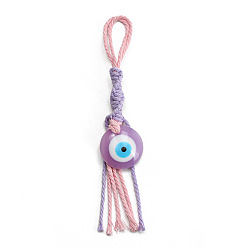 Old Rose Flat Round with Evil Eye Resin Pendant Decorations, Cotton Cord Braided Tassel Hanging Ornament, Old Rose, 165mm,