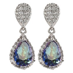 Королевский синий Серьги-гвоздики из латуни с микропаве и кубическим цирконием, покрытие стойки, слеза, королевский синий, 24x10 мм