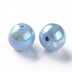 Light Sky Blue Opaque Acrylic Beads, AB Color Plated, Round, Light Sky Blue, 16x15mm, Hole: 2.8mm, about 220pcs/500g