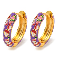 Средний Фиолетовый Латунные серьги обруча, с цветочной эмалью, без кадмия и без свинца, долговечный, реальный 18 k позолоченный, средне фиолетовый, 19x4.5 мм