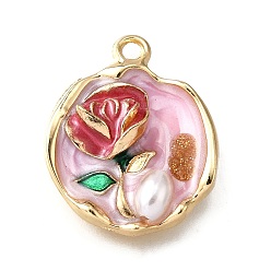 Pink Подвески из эмали и сплава, с имитацией АБС-жемчуга и блестящей пудрой, плоские круглые с цветком, стойки покрытие, долговечный, без свинца, без кадмии и без никеля, золотые, розовые, 23.5x19.5x6 мм, отверстие : 1.8 мм