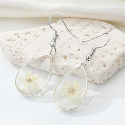 White small flower Boucles d'oreilles bohème en résine de fleurs séchées, colorées, créatives, gouttes florales éternelles pour femmes
