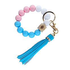 9 Colorful Silicone Bead Bracelet Keychain with PU Leather Tassel Pendant for Women