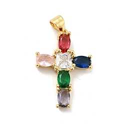 Colorful Rack Plating Brass Micro Pave Cubic Zirconia Pendants, Long-Lasting Plated, Lead Free & Cadmium Free, Cross, Real 18K Gold Plated, Religion, Colorful, 26.5x18x4mm, Hole: 3.5x4mm