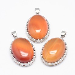 Carnelian Natural Carnelian Pendants, with Brass Findings, Oval, Dyed, Platinum, 30x21x10~11mm, Hole: 6x4mm