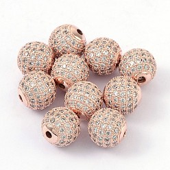 Розовое Золото Латунные шарики циркония кубической, круглые, розовое золото , 10 мм, отверстие : 2 мм