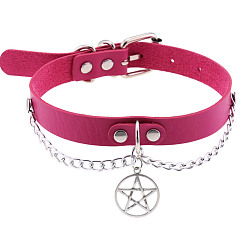 Rose red Stylish Star Pendant Collarbone Necklace with Leather Chain for Women