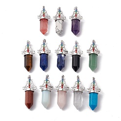 Mixed Stone Natural & Synthetic Mixed Gemstone Big Pendants, 7 Chakra Faceted Bullet Charms, with Platinum Plated Brass Findings and Colorful Rhinestone, Cadmium Free & Lead Free, Mixed Dyed and Undyed, 55x22.5x16mm, Hole: 8x5mm