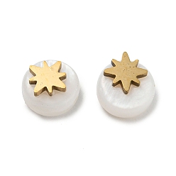 Real 18K Gold Plated Natural Shell Flat Round Beads, with 304 Stainless Steel Star Ornament, Real 18K Gold Plated, 6x4mm, Hole: 0.6mm