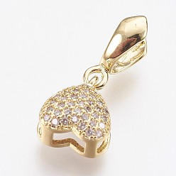 Golden Brass Micro Pave Cubic Zirconia Ice Pick Pinch Bails, Heart, Golden, 23x10x6mm, Hole: 2.5mm, Inner: 6mm, Pin: 1mm