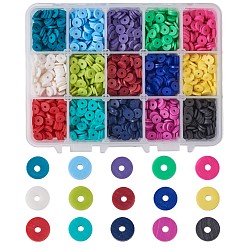 Mixed Color Eco-Friendly Handmade Polymer Clay Beads, Disc/Flat Round, Heishi Beads, Mixed Color, 6x1mm, Hole: 2mm, 15colors, about 180~200pcs/color, 2700~3000pcs/box