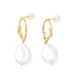 Real 18K Gold Plated Teardrop Natural Pearl Stud Earrings for Women, Sterling Silver Dangle Earrings, Real 18K Gold Plated, 38x14mm
