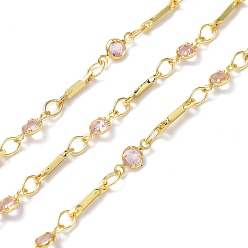 Misty Rose Cubic Zirconia Flat Round Link Chains, with Real 18K Gold Plated Brass Findings, Soldered, with Spool, Misty Rose, 4x8x1.5mm