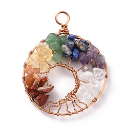 Champagne Gold Natural Gmestone Copper Wire Big Pendants, Natural Amethyst & Green Aventurine & Citrine & Lapis Lazuli & Red Jasper & Red Aventurine & Quartz Crystal, Mixed Dyed and Undyed, Flat Round with Tree, Champagne Gold, 54x42x10.5mm, Hole: 5.5mm