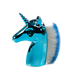 Deep Sky Blue Unicorn Shape Fiber Foundation Makeup Brush, Woman Facial Cosmetic Makeup Tools, Plastic Handle, Deep Sky Blue, 9x8cm