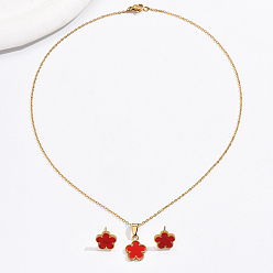 Red Acrylic Flower Jewelry Set, Real 18K Gold Plated Stainless Steel Stud Earring & Pendant Necklace, Red, 17.32inch(44cm), 13x13mm